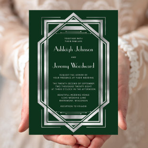 Elegant Emerald Green Silver Vintage Deco Wedding Invitation