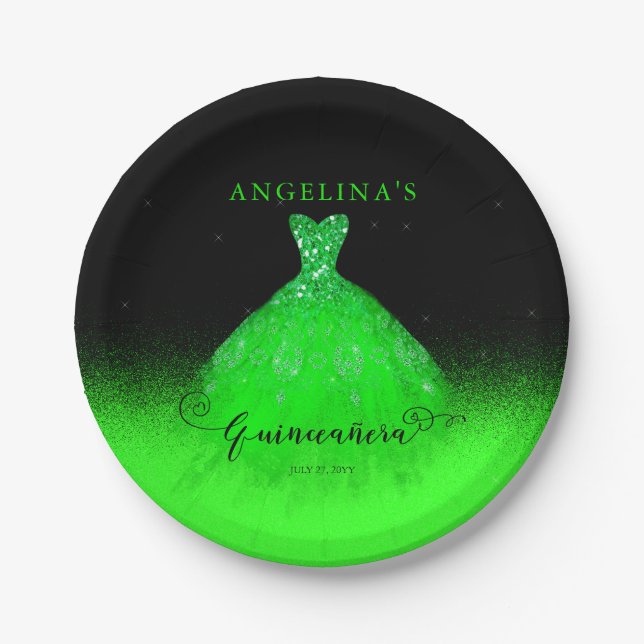 Elegant Emerald Green Spanish Gown Quinceañera Pap Paper Plate (Front)