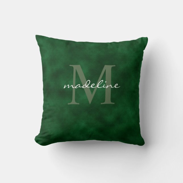 Elegant Emerald Green Velvet Script Monogram Cushion (Front)