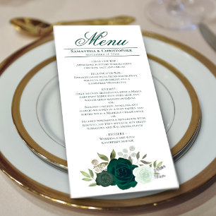 Elegant Emerald Green Watercolor Roses Wedding Menu