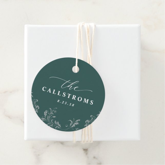 Elegant Emerald Green Wedding Classy Round Favour Tags (In Situ)