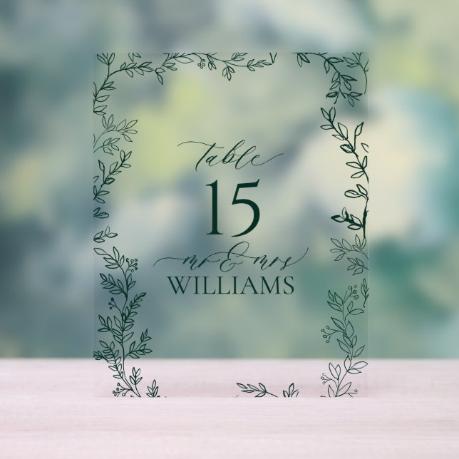 Elegant Emerald Green Wedding Table Number Acrylic Sign (Neutral)