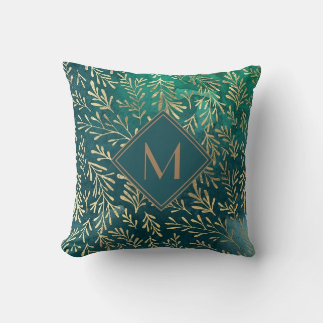 Elegant Emerald Green with Gold Leaves Monogram Cushion (Front)