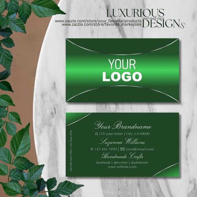 Elegant Emerald Green with Silver Border and Logo Business Card (Creator Uploaded)