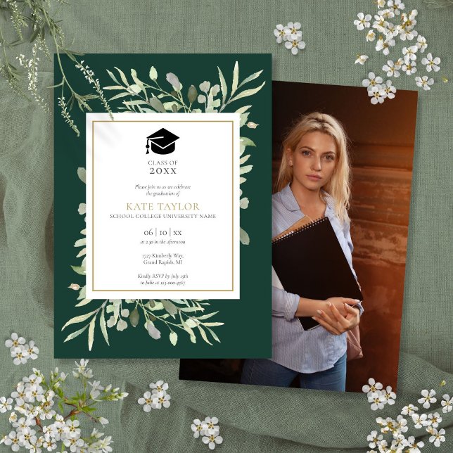 Elegant Emerald Greenery Photo Graduation Party Invitation (Elegant Emerald Greenery Photo Graduation Party Invitation)