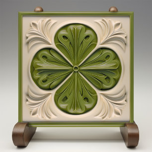 Elegant Emerald Ivory Fleur-de-Lis Ceramic Tile