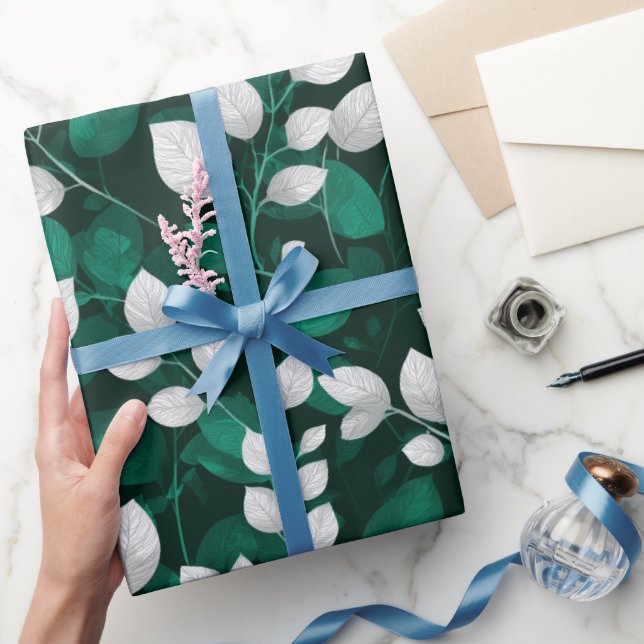 Elegant Emerald Leaf White Floral Pattern Wrapping Paper (Gifting)