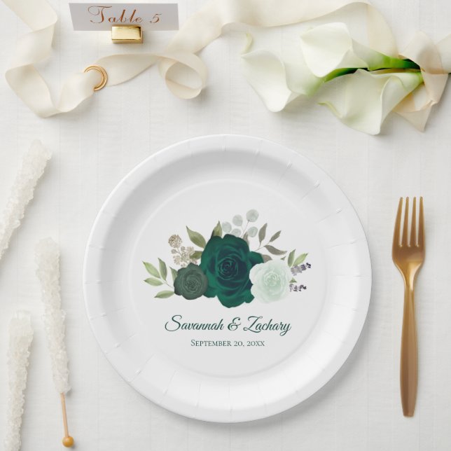 Elegant Emerald & Mint Green Roses Wedding Paper Plate (Wedding)