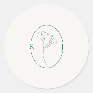Elegant Emerald Outlined Monogram Wedding Classic Round Sticker
