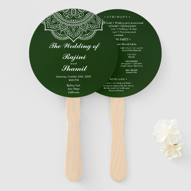 Elegant Emerald Paisley Indian Wedding Program Hand Fan (Front and Back)