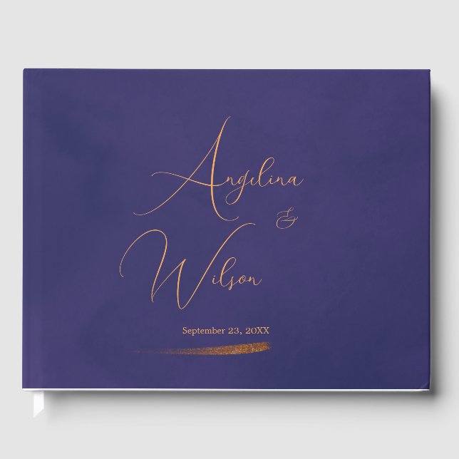Elegant Emerald Purple and Gold Script Wedding Guest Book (Front)