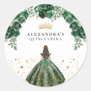 Elegant Emerald Quinceañera Floral Faux Foil Classic Round Sticker