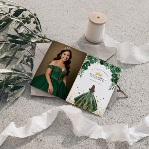 Elegant Emerald Quinceañera Floral Faux Foil Photo Thank You Card