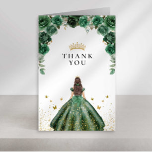 Elegant Emerald Quinceañera Floral Faux Foil Thank You Card
