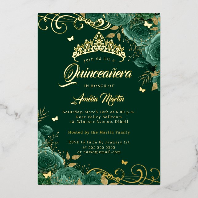 Elegant Emerald Rose Swirl Gold Quinceanera   (Front)