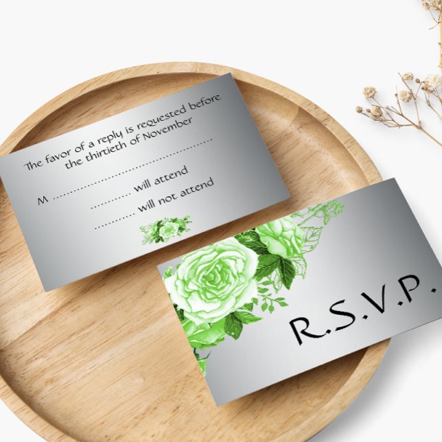 Elegant Emerald Roses and Silver Wedding RSVP Card (Creator Uploaded)