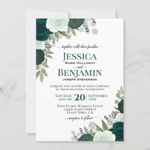 Elegant Emerald & Sage Green Roses Boho Wedding Invitation