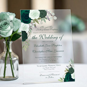 Elegant Emerald & Sage Green Roses Formal Wedding Acrylic Invitations