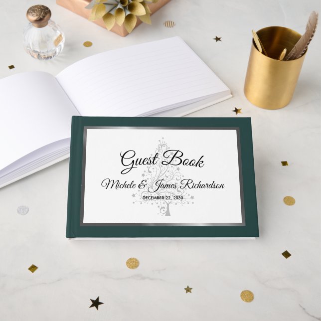 Elegant Emerald Silver Winter Holiday Wedding Guest Book (Front Open)
