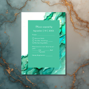 Elegant Emerald Teal Marble Watercolor Wedding RSVP Card
