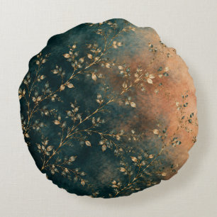 Elegant Emerald Teal & Rust Gold Botanical Throw P Round Cushion
