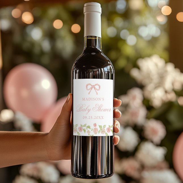 Elegant Enchanted Pink Floral Baby Shower Wine Label (Creator Uploaded)