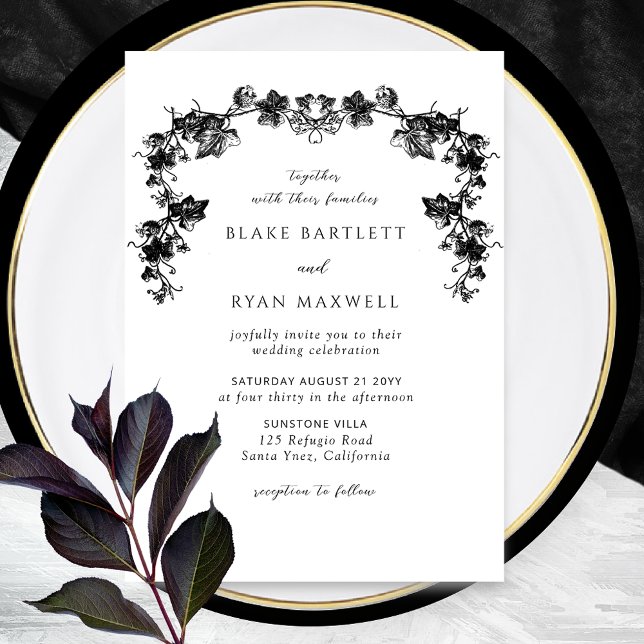 Elegant Enchanting Black Garlands Wedding Invitation (Creator Uploaded)