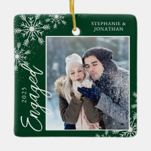 Elegant Engaged Christmas Snowflakes Green Ceramic Ornament
