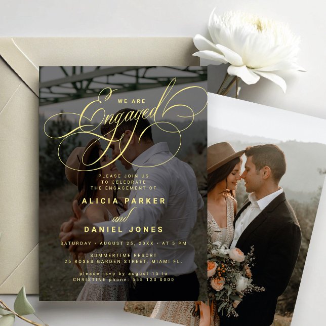 Elegant engaged gold photo engagement party invitation (Creator Uploaded)