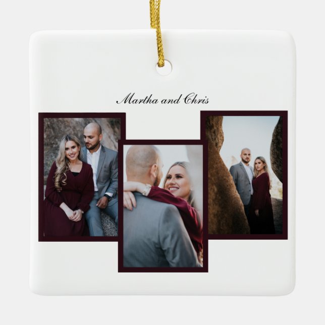 Elegant Engaged Married Script 3 Photo Collage Red Ceramic Ornament (Front)
