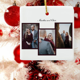 Elegant Engaged Married Script 3 Photo Collage Red Ceramic Ornament