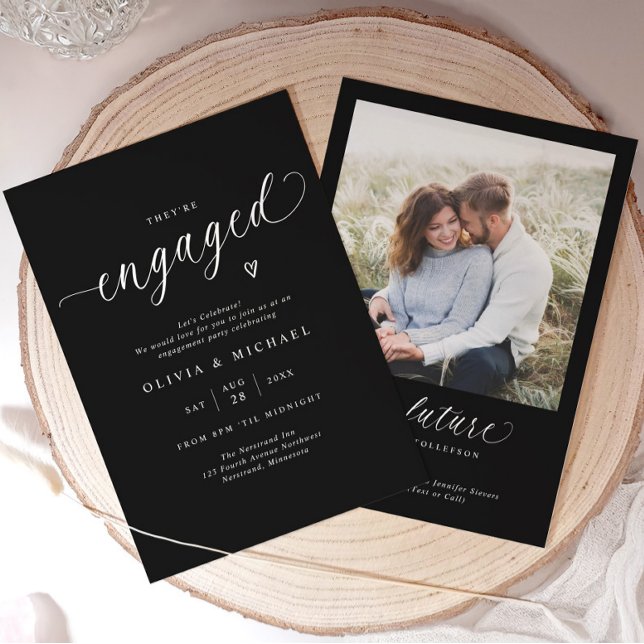 Elegant Engaged Modern Black Engagement Party Invitation (Modern black engagement party invitation with elegant white script and minimalist with photo.)