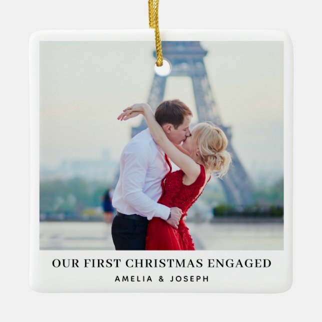 Elegant Engagement | First Christmas Engaged Photo Ceramic Ornament (Front)