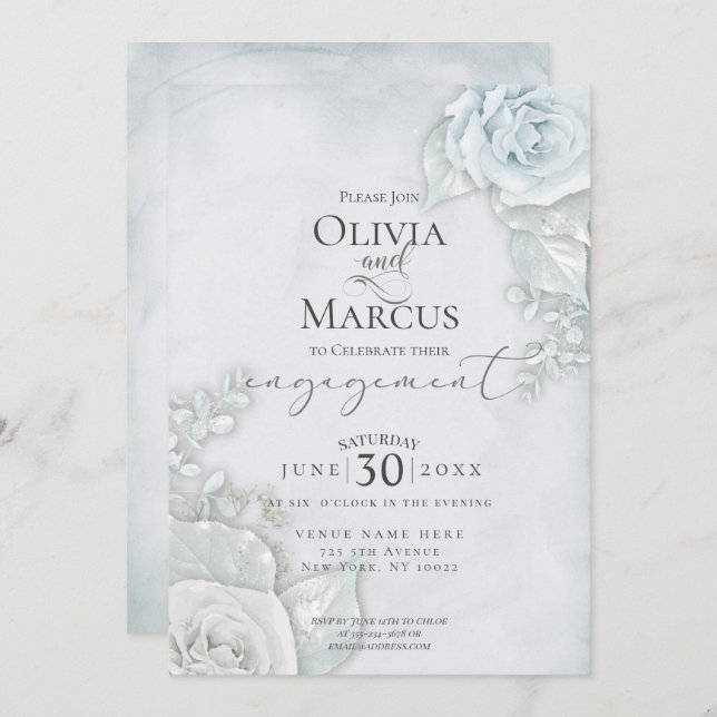 Elegant Engagement Pale Blue Rose Invitation (Front/Back)