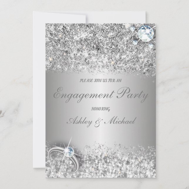 elegant engagement party chic silver glitter invitation (Front)