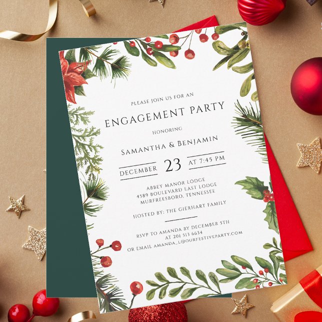 Elegant Engagement Party Red Berries Invitation (Botanical Watercolor Red Berries Christmas Party Invitation)