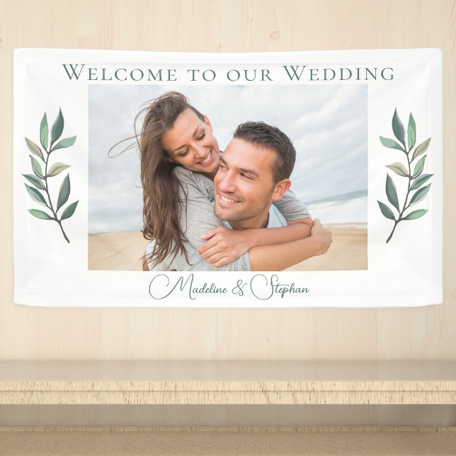 Elegant Engagement Photo Green Botanical Wedding Banner (Creator Uploaded)