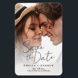 Elegant Engagement Photo Script Wedding  Magnet<br><div class="desc">This modern, minimalistic wedding Save the date card features an elegant script front. It plays with the simplicity of a black and white typography design. In the back, you can add your wedding website information as well as a QR code for your guests to scan. It's the perfect choice for...</div>