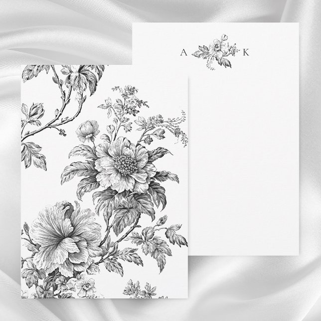 Elegant Engraved B&W Floral w/Monogram Card (Creator Uploaded)