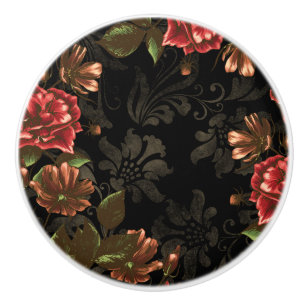Elegant Engraved Black Floral Ceramic Knob