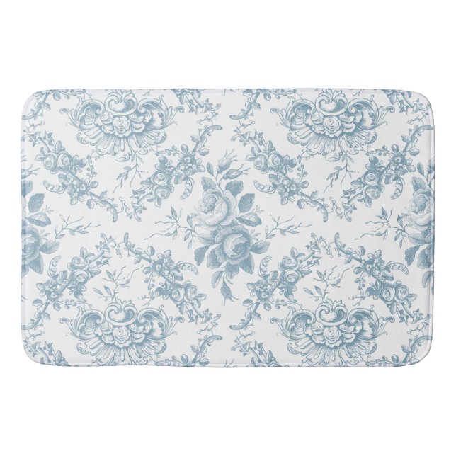 Elegant Engraved Blue and White Floral Toile Bath Mat (Front)