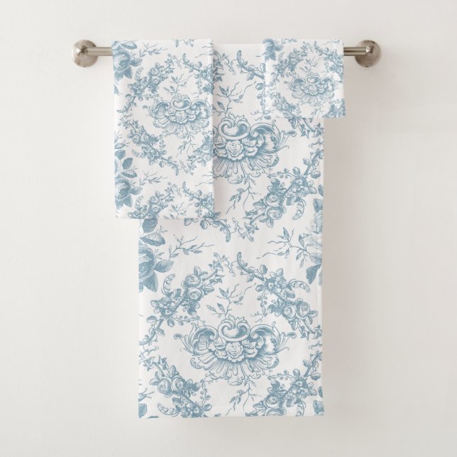 Elegant Engraved Blue and White Floral Toile Bath Towel Set (Insitu)