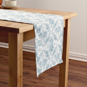 Elegant Engraved Blue and White Floral Toile Short Table Runner