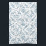 Elegant Engraved Blue and White Floral Toile Tea Towel<br><div class="desc">Elegant vintage inspired engraved dusty blue floral toile pattern featuring roses,  vines and scrolls on a white background. Seamless pattern can be scaled up or down.</div>