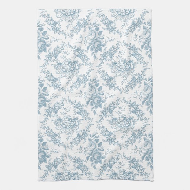 Elegant Engraved Blue and White Floral Toile Tea Towel (Vertical)
