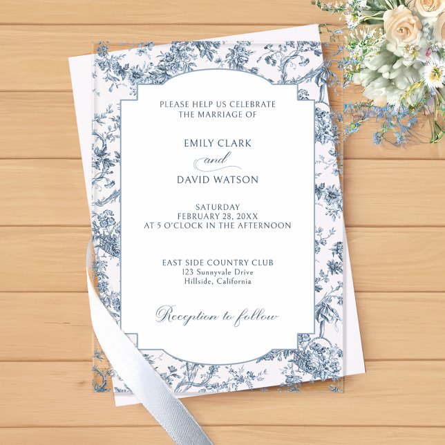 Elegant Engraved French Blue Floral Toile Acrylic Invitations (Creator Uploaded)