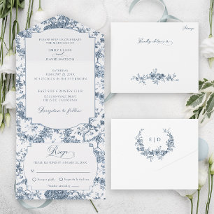 Elegant Engraved French Blue Floral Toile All In One Invitation