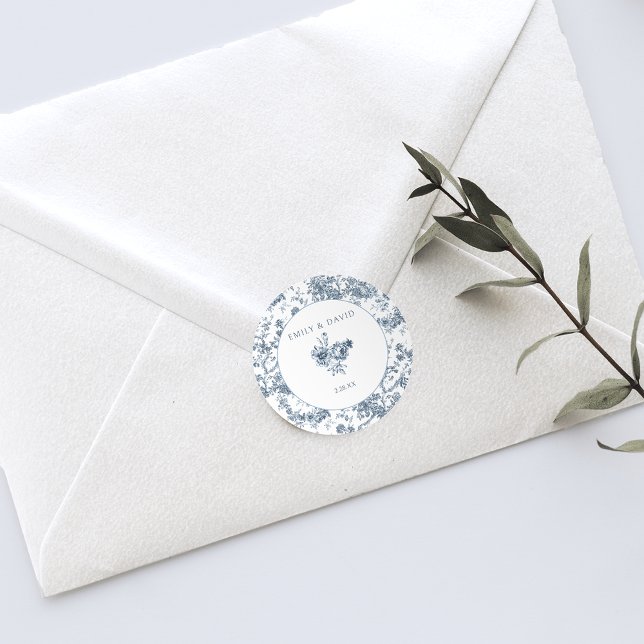 Elegant Engraved French Blue Floral Toile Classic Round Sticker (Creator Uploaded)