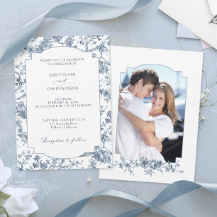 Elegant Engraved French Blue Floral Toile Invitation
