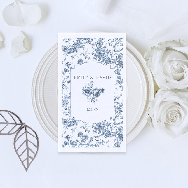 Elegant Engraved French Blue Floral Toile Napkin (Creator Uploaded)